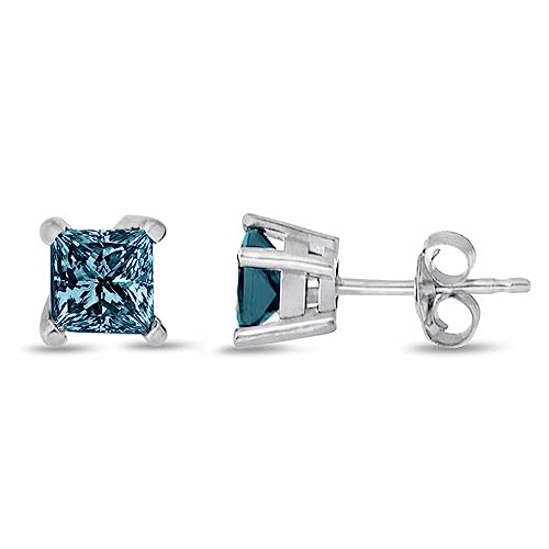 Blue Diamond Princess Studs in 14K gold