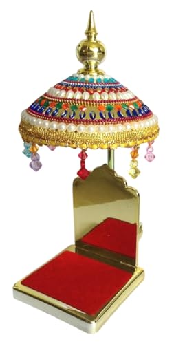 Image of Decorated Adjustable Umbrella Chhatra with Hanging Crystals (20x10x10cm) for God Idol, Car Dashboard Office Desk Table Home Temple Decor Showpiece, Chatri Aasan L -19