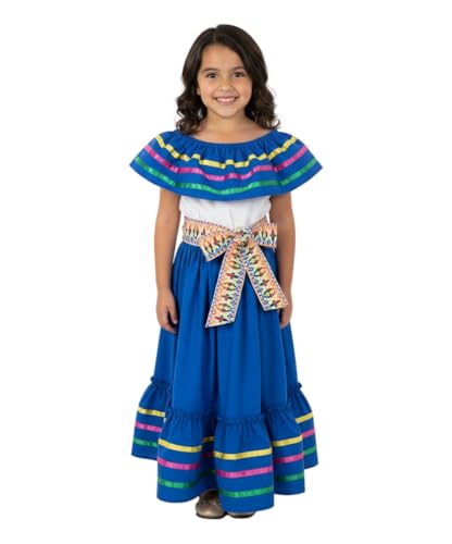 unik Girls Fancy Traditional Mexican Cinco De Mayo Birthday Fiesta Dress with Belt Size 4-14 Royal Blue