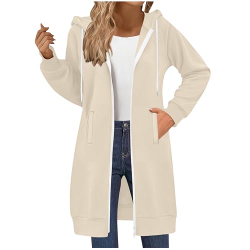 Generisch Winterjacke Damen Lang Sweatjacke mit Kapuze Casual Einfarbig Hoodie Herbst Winter Übergangsjacke Zipper Kapuzenjacke mit Taschen Locker Kapuzenpullover Leichte Jacke Mantel
