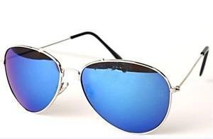 Eyewear World Silver Metal Frame Sunglasses, Blue Mirrored Reflective Lens, With Free Yellow Neck Cord