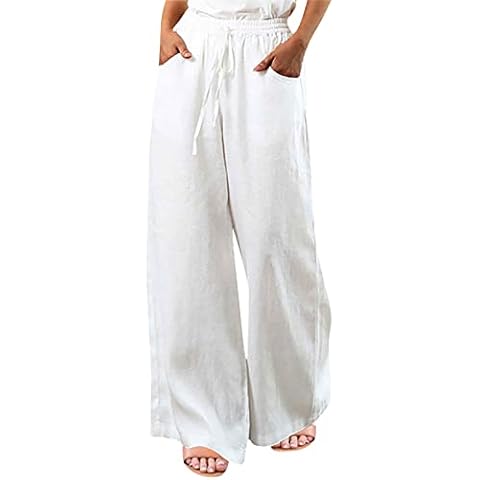 PETYCZEN Wide Leg Linen Pants for Women Summer Casual Beach Pants Loose Fit Elastic Waist Drawstring Long Straight Sweatpants Comfy Business Work Pants Trousers with Pockets(H-White,XX-Large) Cover