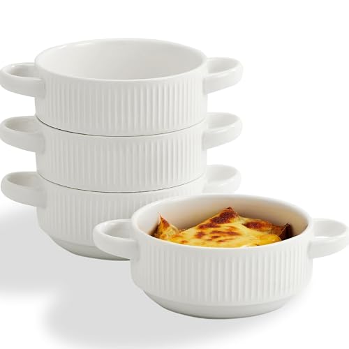 Ceramic Soup Bowls with Handles, 20 oz French Onion Soup Bowls Set of 4, Stackable Soup Crocks for Soups, Chili, Beef Stew, Microwave and Oven safe - 5.4inch, White