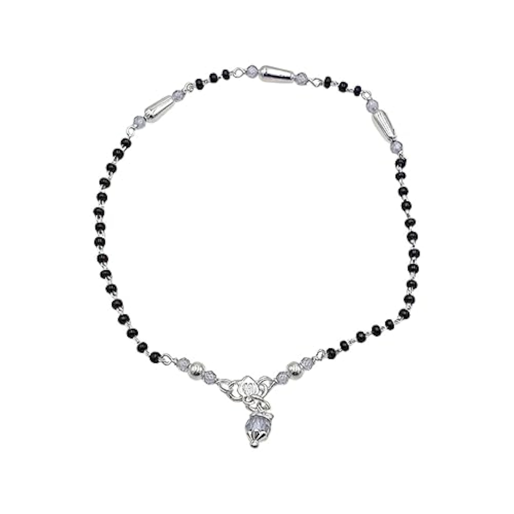 Women's 925 Sterling Silver Rhodium Nazariya Anklet with Black & Silver Beads