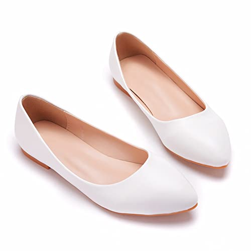 XCTLZG Chaussures de mariée à bout pointu pour femme - Chaussures de mariage plates - Chaussures de demoiselle d'honneur - Dessus en polyuréthane - Semelle en caoutchouc - Blanc - 34 EU Cover