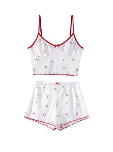 Hilinker Womens Graphic Print Ribbed PJ Set Crop Cami Tops and Shorts Cute Pajamas Set3