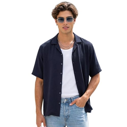 Image of Urbano Fashion Men's Cotton Half Sleeve Relaxed Fit Textured Shirt with Cuban Collar