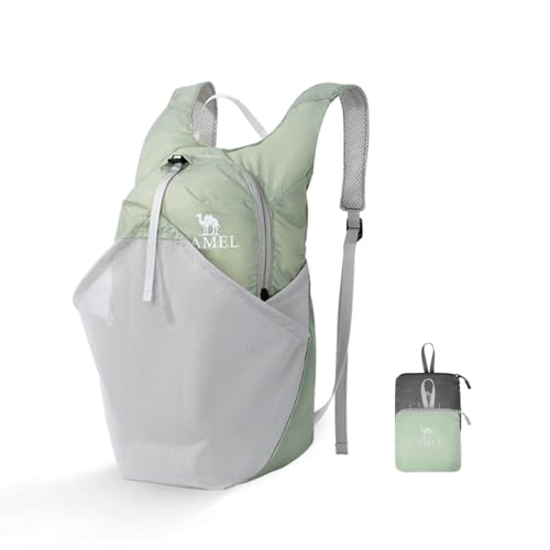 CAMEL CROWN 折りたたみ式ハイキングバックパック 軽量トラベルバックパック 防水 小型 収納可能なバックパック メンズとレディース 15L, グリーン-15L。