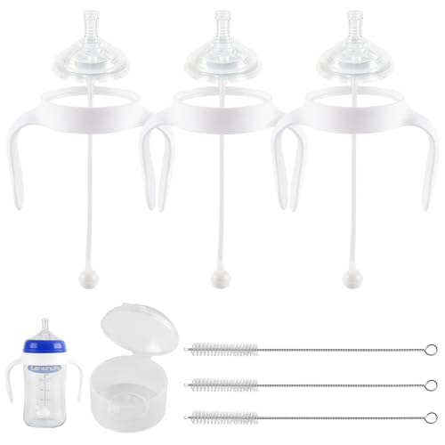 Image of XUNICUTE Straw Cup Soft Spout Conversion Kit for Lansinoh Baby Bottle, Toddler Transition Kit with Silicone Straw Top Nipple, Weighted Straw, Bottle Handle, Cleaning Brush, 3 Pack, White