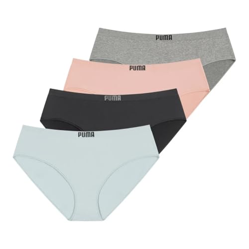 PUMA Women's Seamless Bikini Underwear, Microfiber, Tag-Free, 4-Pack (US, Alpha, Medium, Regular, Regular, Pink/Blue/Black/Gray)