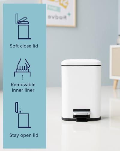 Bathroom Trash Can with Lid, 6 Liter / 1.6 Gallon Stainless Steel Trash Bin, White Garbage Can with Removable Inner Bucket, Perfect Square Step Bin for Kitchen, Bathroom, Office, Bedroom