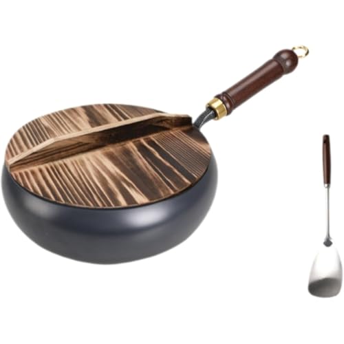 MsiDtsoy 中華鍋カバー付き 鉄手作り鉄鍋 焦げ付かない 錆びない 高級鉄製フライパン 化学コーティングなし 鉄分補給 軽量 省エネ ガス代節約 ガスおよび電磁調理器対応 野菜炒め 焼く 茹でる 煮る 揚げる 調理用品 調理器具 家庭用 (木の蓋+シ