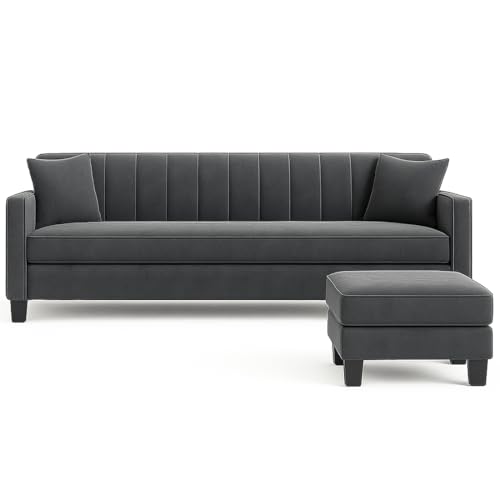 Image of Furny Aveira 3 Seater Fabric Sofa Set with Ottoman (Dark Grey) | Soft Velvet Fabric | Modern Design | Comfortable Seating | Living Room Furniture