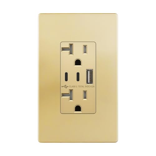 Image of TOPGREENER 4.2A 21W 3-Port Type C USB Outlet, 20 Amp Receptacle Plug, Charging Power Outlet with Dual Type C&A Ports, Screwless Wall Plate Included, UL Listed, TU22042AC2-GDWSI, Gold