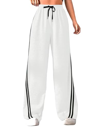 Quenteen Womens Baggy Fit Wide Leg Sweatpants High Waisted Straight Leg Lounge Pants Soft Comfy Joggers with Pockets (Medium, White)