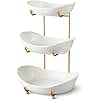 HOMKULA Ceramic Fruit Bowl for Kitchen Counter - 3 Tier Fruit Basket with Metal Stand, Tiered Fruit Stand for Countertop, Snack, Nuts, Cake, Dessert, Small & Cute (Gold)