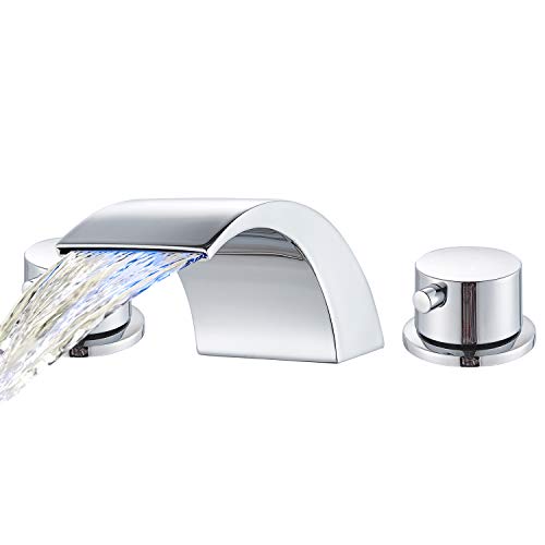 Senlesen Deck Mount Led Light Two Handles 3 Holes Widespread Bathroom Sink Faucet Chrome Finished