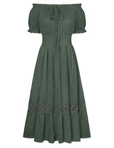 SCARLET DARKNESS Damen Schulterfreies Kleid Gesomkte Hohe Taille Lace-up Langes Flared Maxikleider Olivgrün S