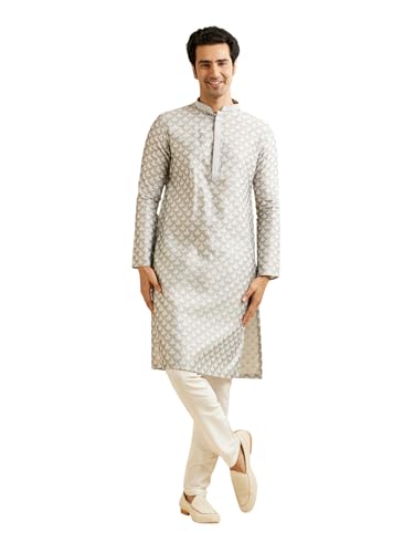 Image of Manyavar Men's Viscose Blend Digital Leaf Print Kurta Set (2pcs)