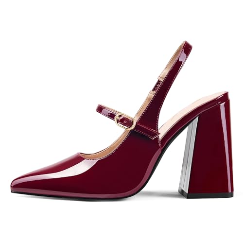 GENSHUO Women's Chunky Slingback Mary Jane Pumps, 4 Inch High Block Heels Closed Pointed Toe Dress Shoes for Wedding Party Work Casual2