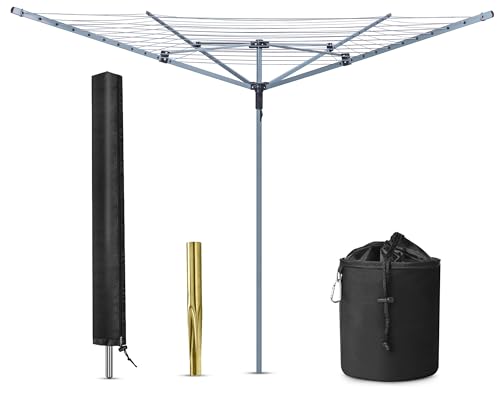 FB FunkyBuys 4-Arm Rotary Washing Line Outdoor with Ground Spike, Rotary Clothes Airer Drying Rack, Storage Bag and Protective Cover, Metal (50 Meter)