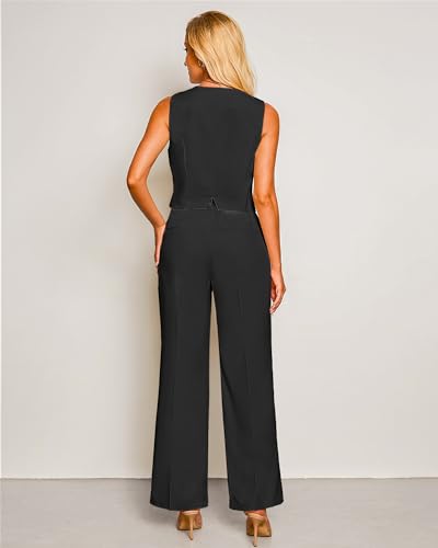 luvamia Pant Suits for Women Dressy Casual 2 Piece Sets Sleeveless Blazer Vest with High Rise Wide Leg Pants Work Office Vest Sets Women 2 Piece Outfits Sets Spring Womens Clothes Black Size 183
