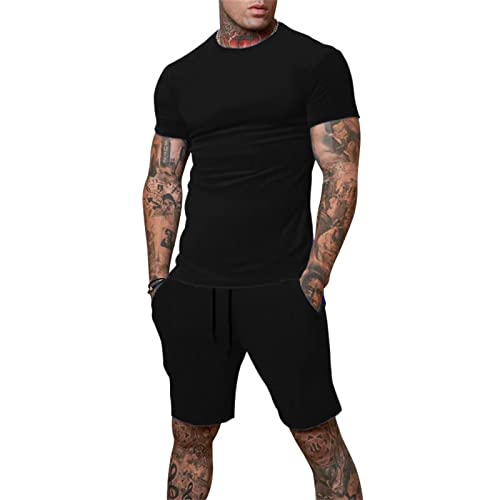 Uni Clau Mens Short Sets 2 Piece Outfits Fashion Summer Tracksuits Casual Shirt and Shorts Set Black M - Image 4