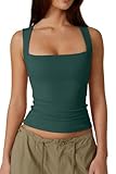 QINSEN Women's Square Neck Sleeveless Double-Layer Tank Tops Basic Tight T Shirts Malachite Green M