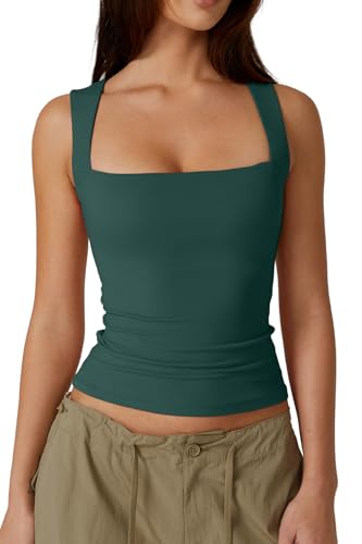 QINSEN Women's Square Neck Sleeveless Double-Layer Tank Tops Basic Tight T Shirts Malachite Green M