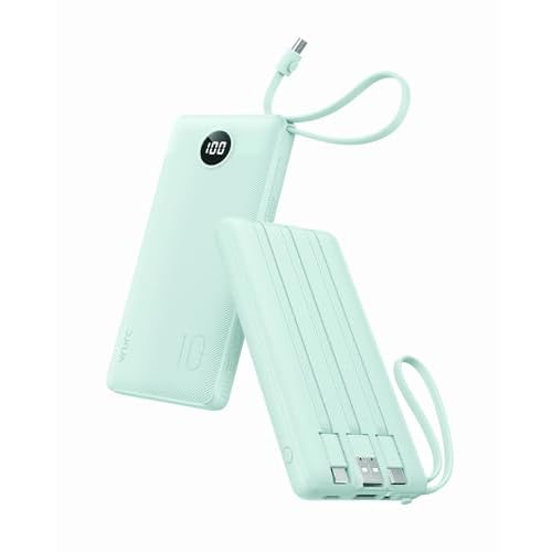 VRURC Portable Phone Charger for iPhone, 10000mAh Power Bank Built in Cables & Lanyard, Slim USB C Battery Bank 5 Outputs for Multi Devices,Travel Essential for College Students Teen Boys Gi