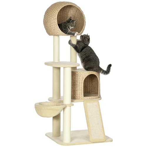 PawHut Arbre à Chats Style Cosy Chic griffoir sisal Naturel 2 niches Plateforme hamac Peluche Jacinthe d'eau - 60 x 60 x 150 cm Beige
