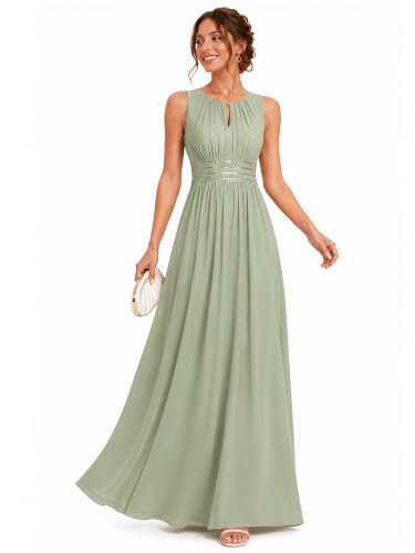 Image of Ever-Pretty Women's Chiffon Sleeveles Summer Formal Wedding Guest Dresses Ruched A Line Hollow Out Crew Neck Bridesmaid Dress