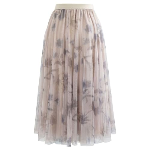 CHICWISH Women Floral Printed Mesh Tulle Midi Skirt Double Layered Elastic Waist A Line Flowy Fairy Skirts Dusty Pink4
