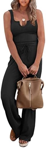 PRETTYGARDEN Womens Summer Casual Two Piece Outfits Sweatsuits Tank Scoop Neck Ribbed Knit Long Pants Tracksuits(Black, Medium)