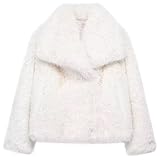 PANOZON Femmes Vestes à revers en fausse fourrure Manteaux d'hiver chauds à manches longues Vêtements d'extérieur moelleux(Blanc,S)