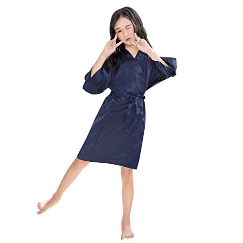 Teen Kids Toddler Baby Girls Soft Silk Satin Kimono Robes Night-Gown Pajamas Bath Cloak Hydrophil Bathrobe Clothes (Navy, 3-4 Years)