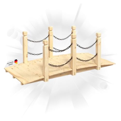 DELUKE® Holzbrücke mit Kettengeländer Robbi Natur | 150x67x56cm | Gartenbrücke mit Geländer Teichbrücke Holzsteg Gartendeko Teich Garten Zierbrücke Hinterhof-Brücke Deko