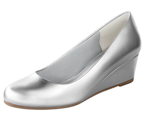 Image of Ankis Black Nude Silver Gold Wedges for Women, Low Heel Women's Wedge Comfortable Closed Toe Women Pumps Dress Shoes -2Inch