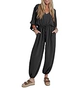 EXLURA Women's 2025 Summer Jumpsuits Casual Dressy One Piece Deep V Neck Batwing Short Sleeve Wra...