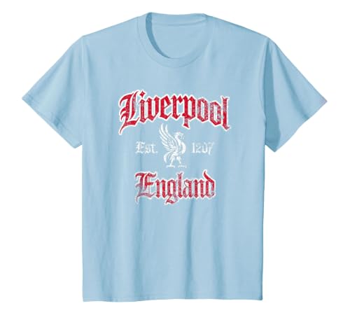 Liverpool England Est. 1207 Red and White Distressed Print T-Shirt, Youth, Baby Blue, 4T