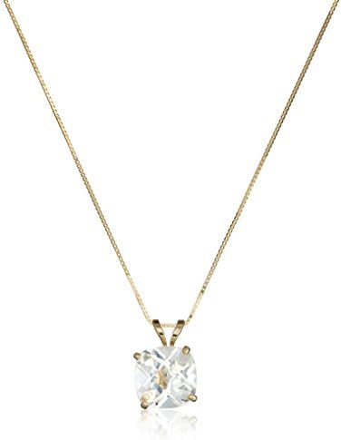 Amazon Essentials 14k Yellow Gold 8mm Cushion Cut April Birthstone Created White Sapphire Solitaire Pendant Necklace for Women with 18 inch Box Chain (previously Amazon Collection)