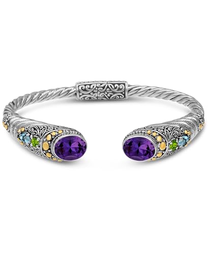 Image of DEVATA Sterling Silver 925 and 18K Gold with Gemstones Bali Filigree Cuff Bracelet