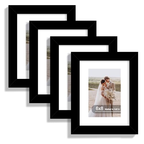 Hongkee 6x8 Picture Frame Set of 4, Real Glass and Wooden Frame, 4x6 Mat