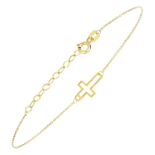 14k Solid Gold Cross Bracelet for Women, Bracelets, Real Gold Sideways Adjustable Cross Bracelet for Women, Christian Baptism Gift for Her