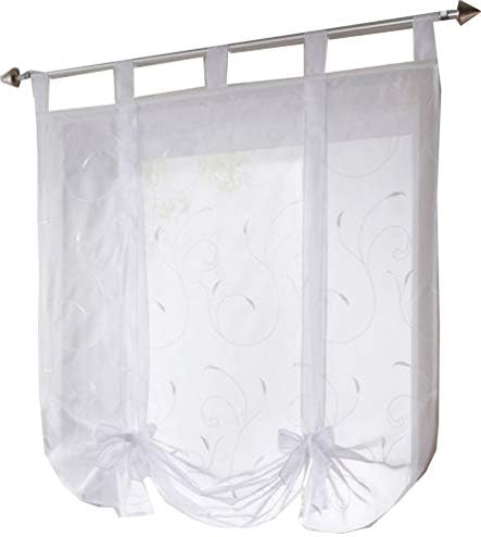 HomeyHo Tab Top Tie Up Curtain Sheer Curtain Embroidered Roman Curtains for Kitchen Windows Balloon Curtains for Bedroom Windows Curtains Sheer Curtain Semi Sheer Curtain Girls, 31 x 55 Inch, White