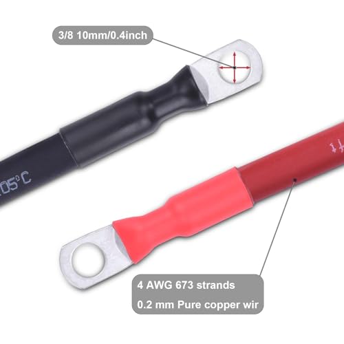 Image of 4 AWG Flexible Battery Cable with 3 /8 inch Terminals - OFC Pure Copper Inverter & Welding Wire for Automotive Solar RV Motorcycle (Red + Black 1FT Pair)