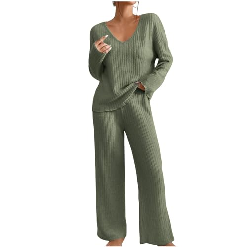 Conjunto de ropa de descanso para mujer, cuello en V, acanalado, manga larga, pantalones y pantalones de descanso, ropa de punto liso, ropa para el hogar, conjunto de pantalones de chándal para mujer