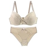MOONBADI unterwäsche Frauen Set Beige Damen BH Set Spitze Push Up Bügel BH Unterwäsche Lingerie Tanga BH Sets Dirndl BH 80E