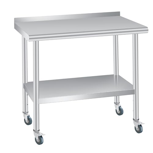 Stainless Steel Prep Table, 36 x 24 in, with Backsplash, Adjustable Undershelf and 4 Caster Wheels, Commercial Heavy Duty Table with Adjustable Under