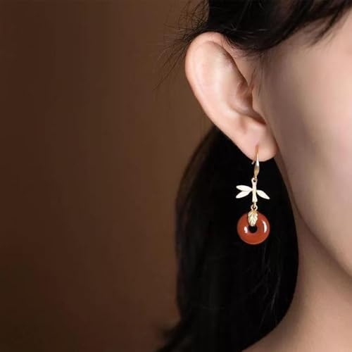 Pendientes de botón de plata S925 con jade rojo natural y hebilla Ping An 4